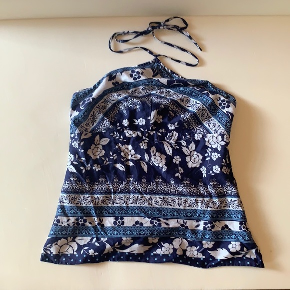 Ann Taylor Loft 100% Cotton Navy-Azure-White Halter Top - Picture 3 of 9